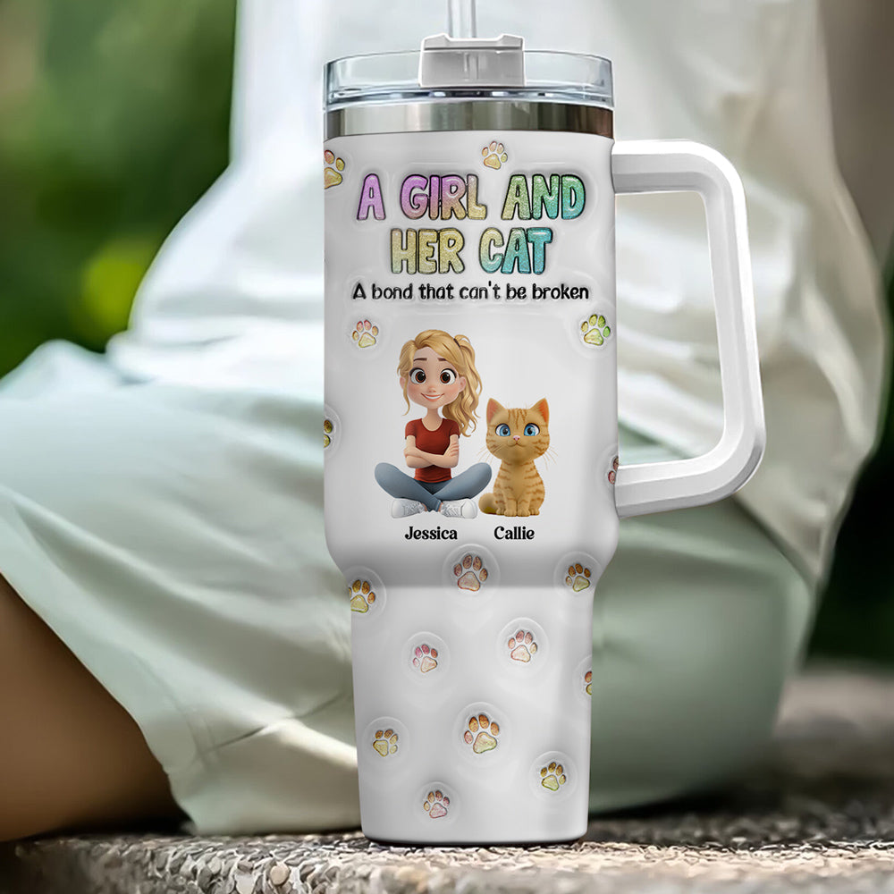 Custom Christmas Birthday Gifts For Cat Mom, Cat Lovers • A Girl And Her Cat - Personalized 3D Inflated Effect Printed 40 Oz Tumbler