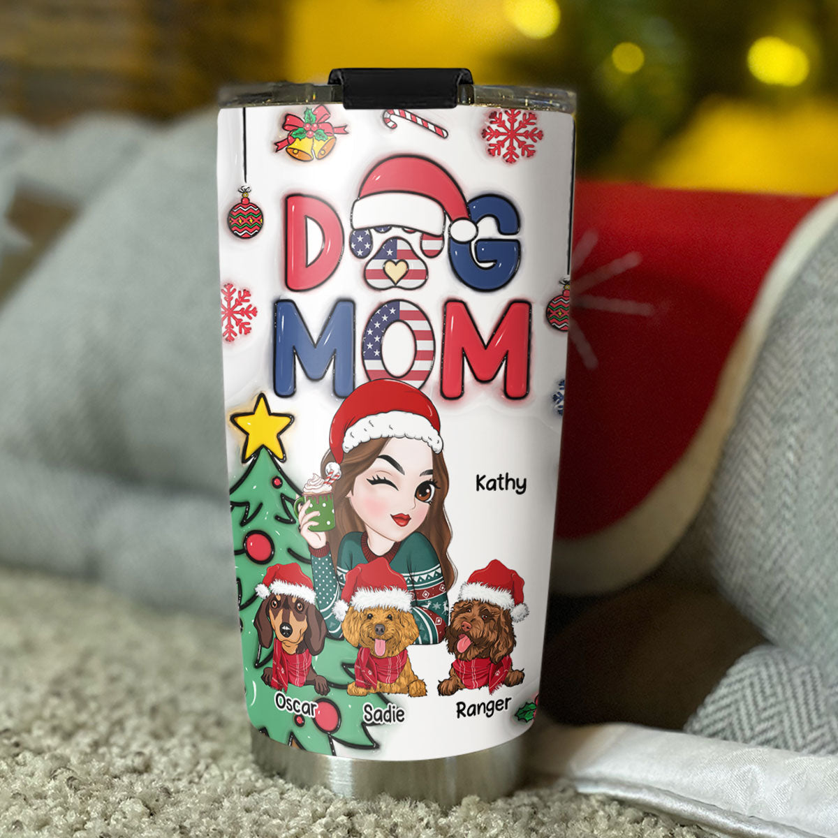 Custom Mother's day Birthday Gifts For Pet Mom, Pet Lovers • Lovely Dog Mom Christmas Version 3 - Personalized 3D Inflated Effect Tumbler