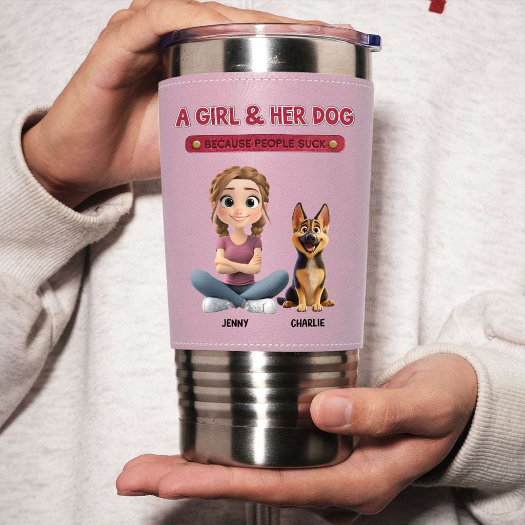 Custom Christmas Birthday Gifts For Dog Mom, Dog Lovers • A Lady And Her Dog - Personalized Pink Leather Tumbler