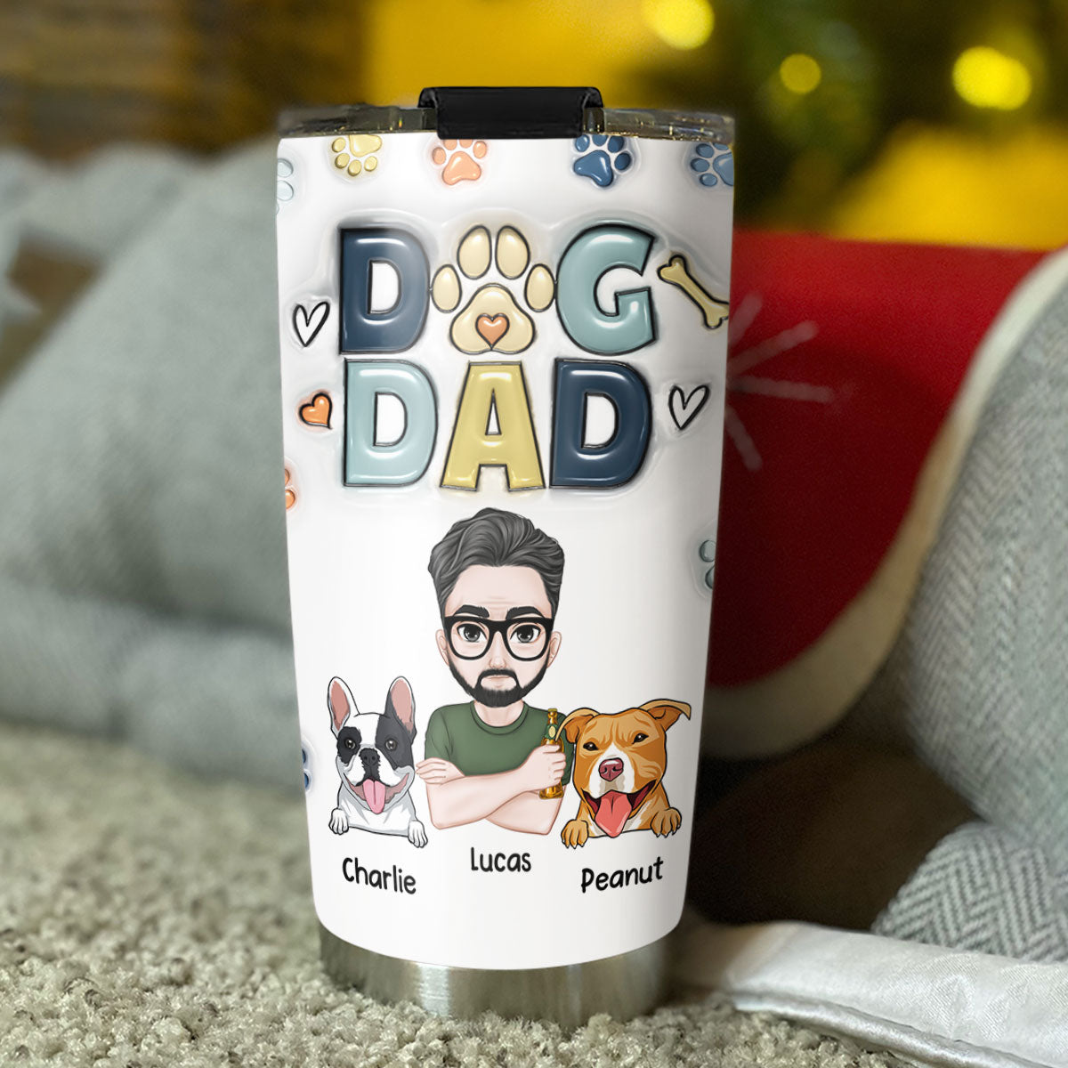 Custom Christmas Birthday Gifts For Dog Dad, Dog Lovers • Lovely Dog Dad Ver 2 - Personalized 3D Inflated Effect Tumbler