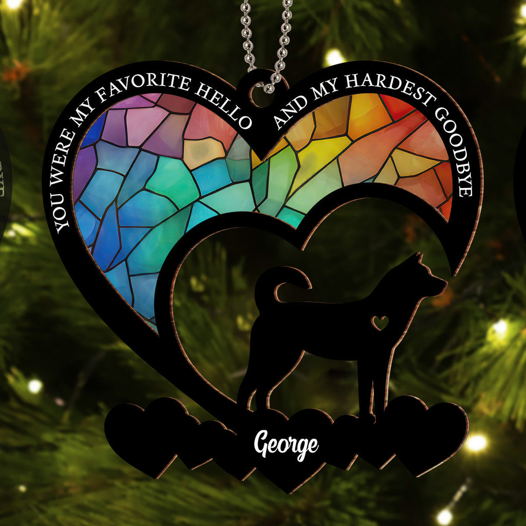 Custom Christmas Memorial Sympathy Gifts For Dogs, Cats • Favorite Hello And Hardest Goodbye - Personalized Suncatcher Ornament