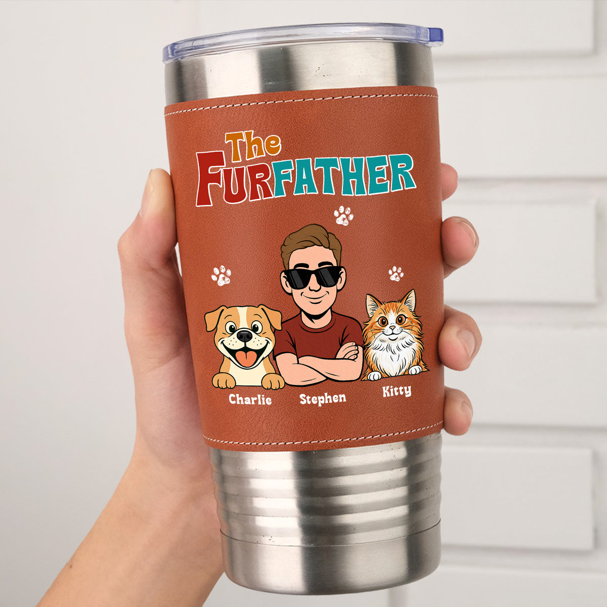 Custom Christmas Birthday Gifts For Pet Dad, Pet Lovers • Retro Pet Father - Personalized Leather Tumbler