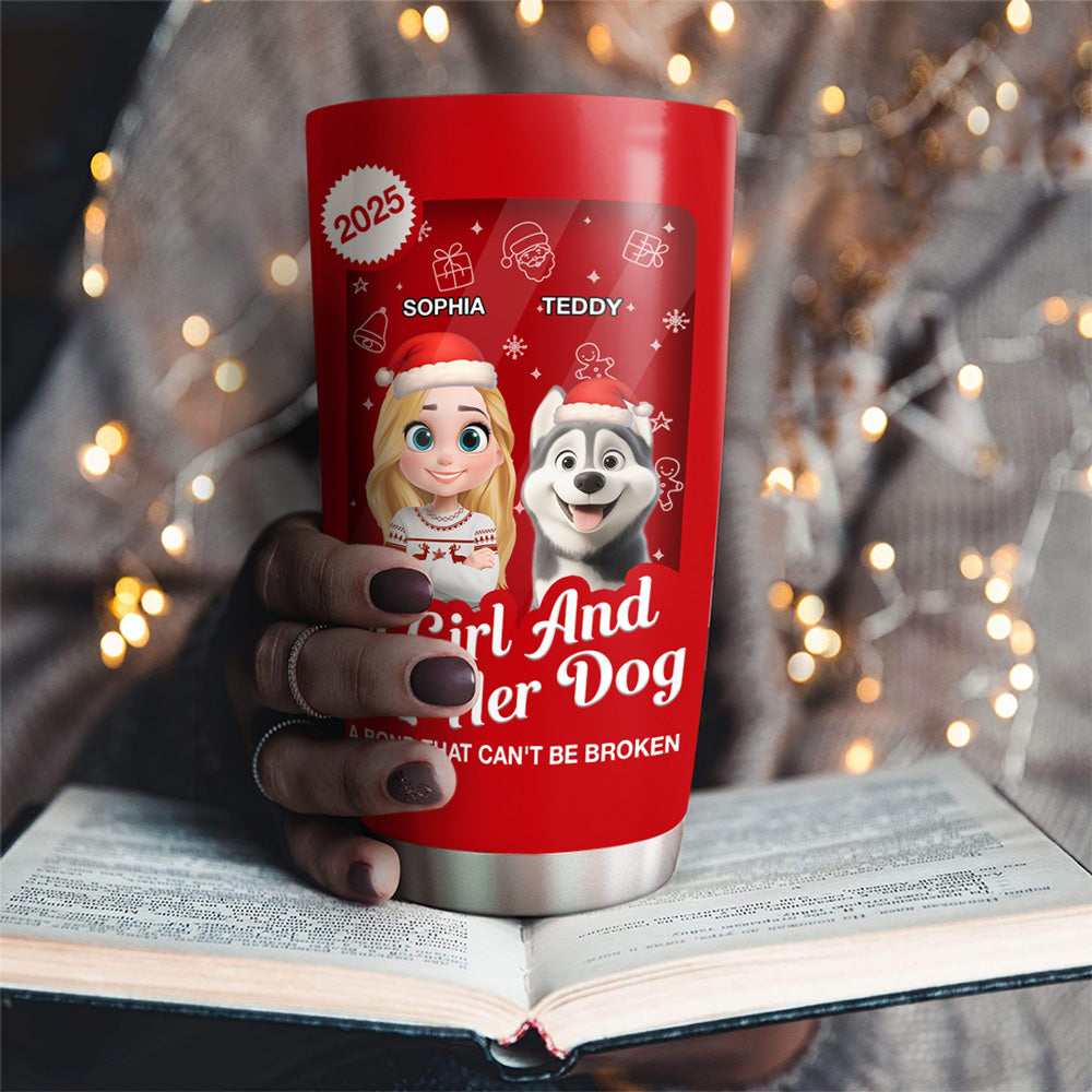 Custom Christmas Birthday Gifts For Dog Mom, Dog Lovers • A Woman And Her Dog Cartoon Christmas - Personalized Tumbler