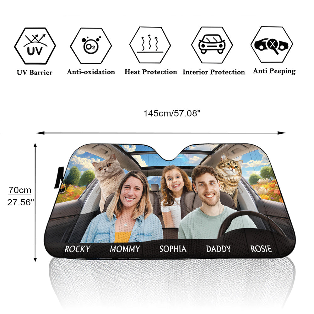 Custom Christmas Birthday Gifts Car Accessories for Cat Parents • Life Is Better With My Cat Family Photo - Personalized Car Sunshade
