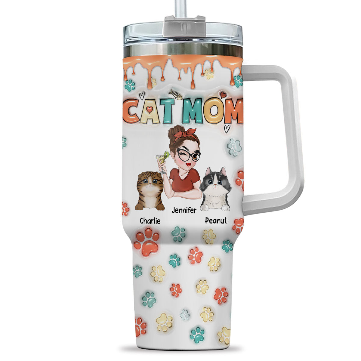 Custom Mother's day Birthday Gifts For Cat Mom, Cat Lovers • Mom Of Cats Ver 2 - Personalized 3D Inflated Effect Printed 40 Oz Tumbler
