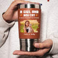 Custom Photo Christmas Birthday Gifts For Cat Lovers • Human And Their Cat Cartoon Christmas Photo - Personalized Leather Tumbler