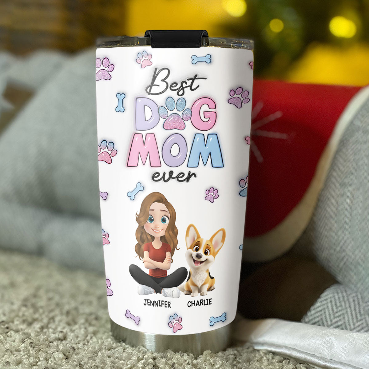 Custom Christmas Birthday Gifts For Dog Mom, Dog Lovers • Best Dog Mom - Personalized 3D Inflated Effect Tumbler