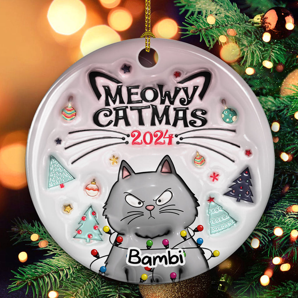 Custom Christmas Decor Home Birthday Gifts For Cat Lovers • Meowy Catmas - Personalized 3D Inflated Effect Ceramic Ornament