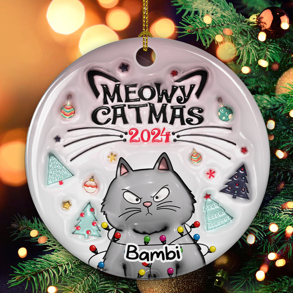 Custom Christmas Decor Home Birthday Gifts For Cat Lovers • Meowy Catmas - Personalized 3D Inflated Effect Ceramic Ornament