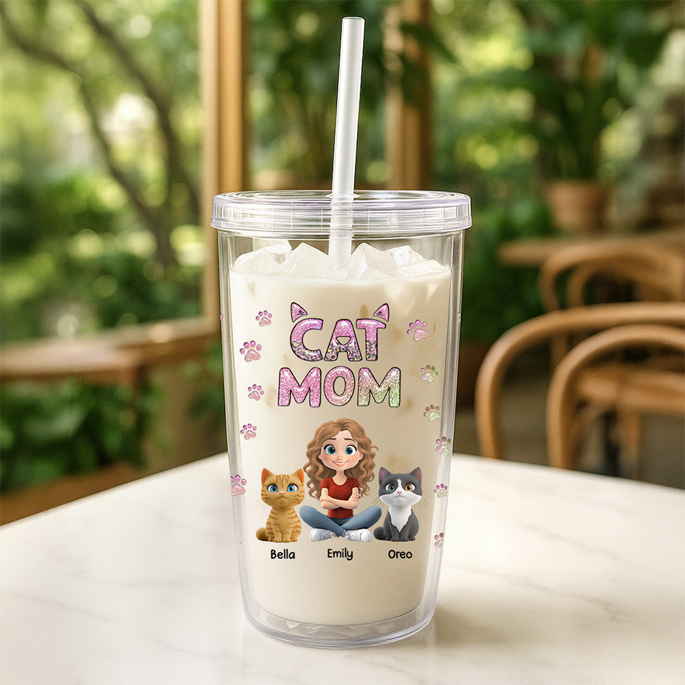 Custom Christmas Birthday Gifts For Cat Mom, Cat Lovers • Cat Mom Lovely Chibi - Personalized 14oz Plastic Tumbler