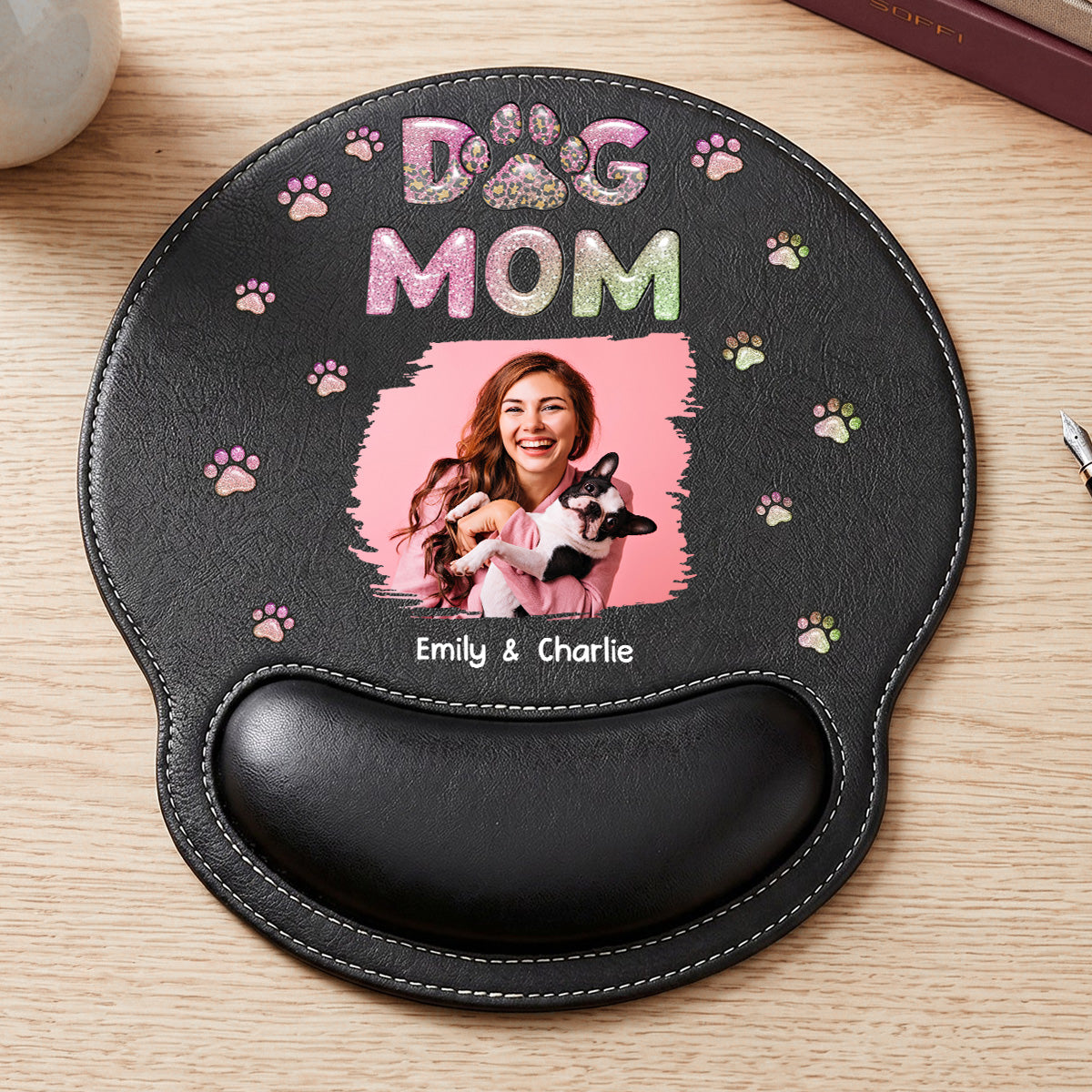 Dog Mom Lovely Chibi Photo - Personalized Leather Mouse Pad