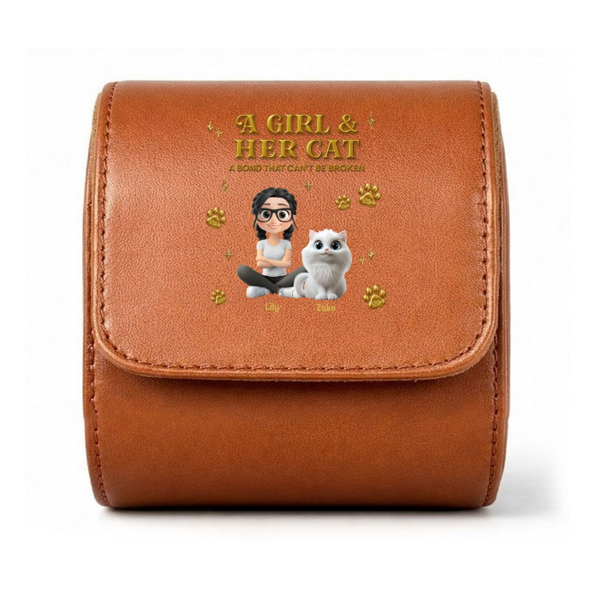 A Girl And Her Cat - Personalized Leather Watch Case