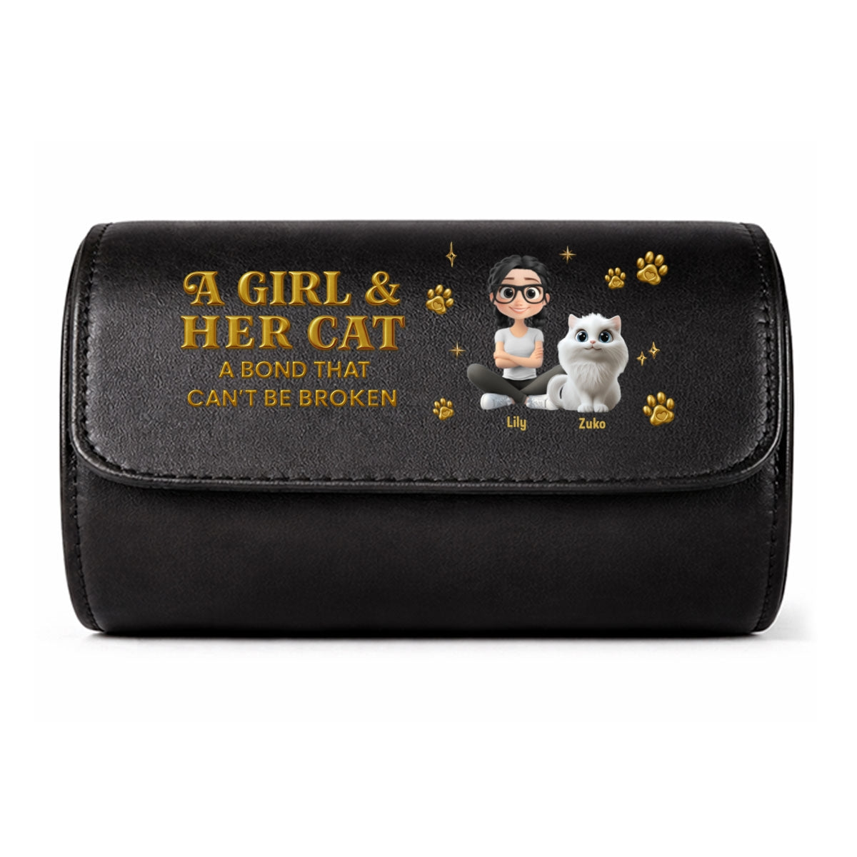 A Girl And Her Cat - Personalized Leather Watch Case