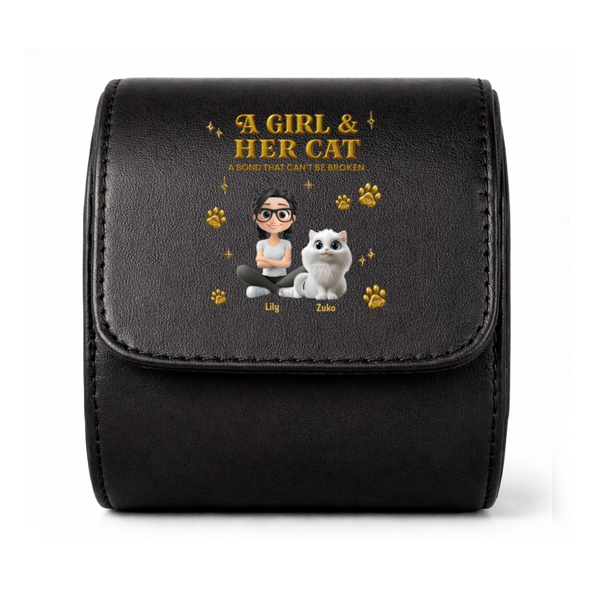 A Girl And Her Cat - Personalized Leather Watch Case