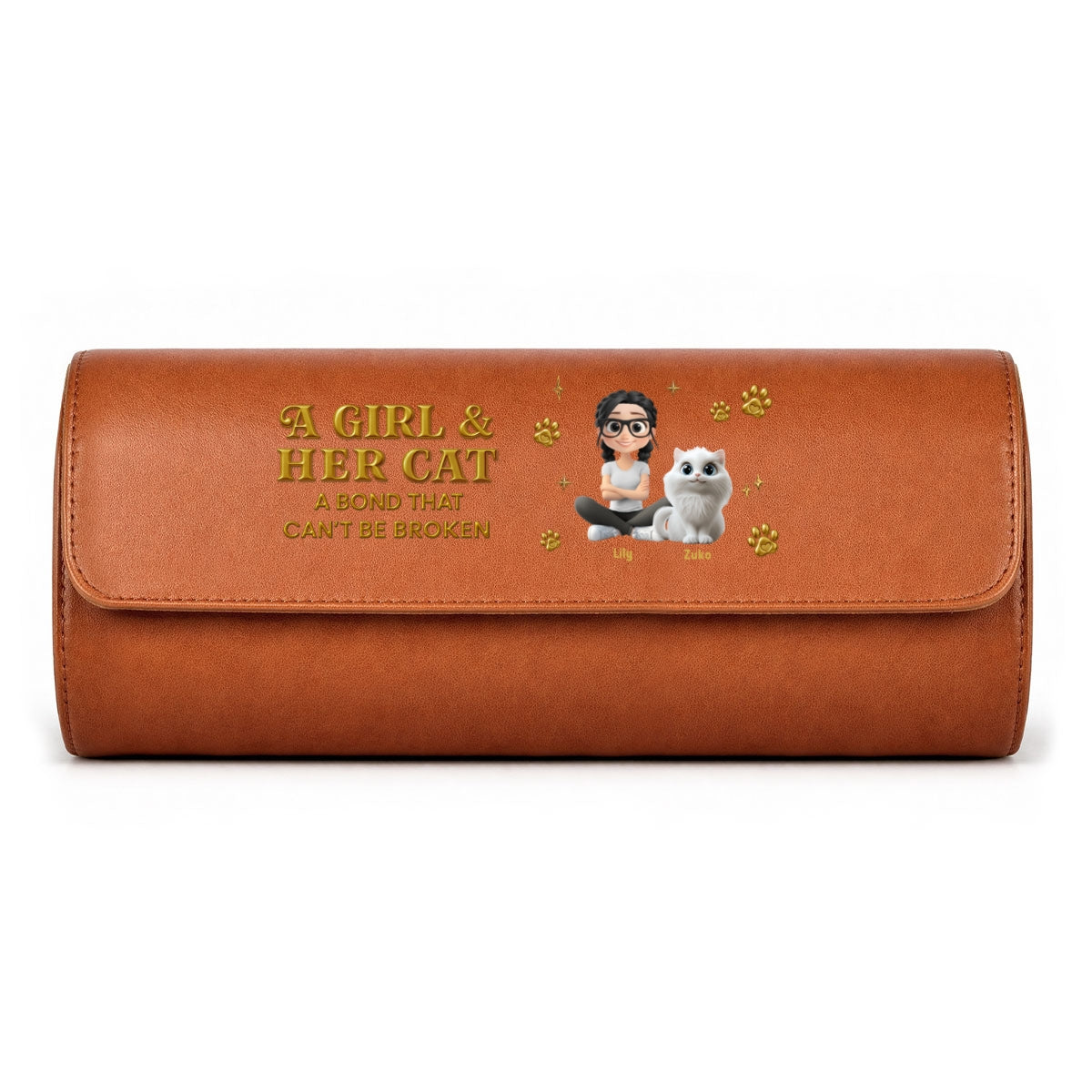 A Girl And Her Cat - Personalized Leather Watch Case