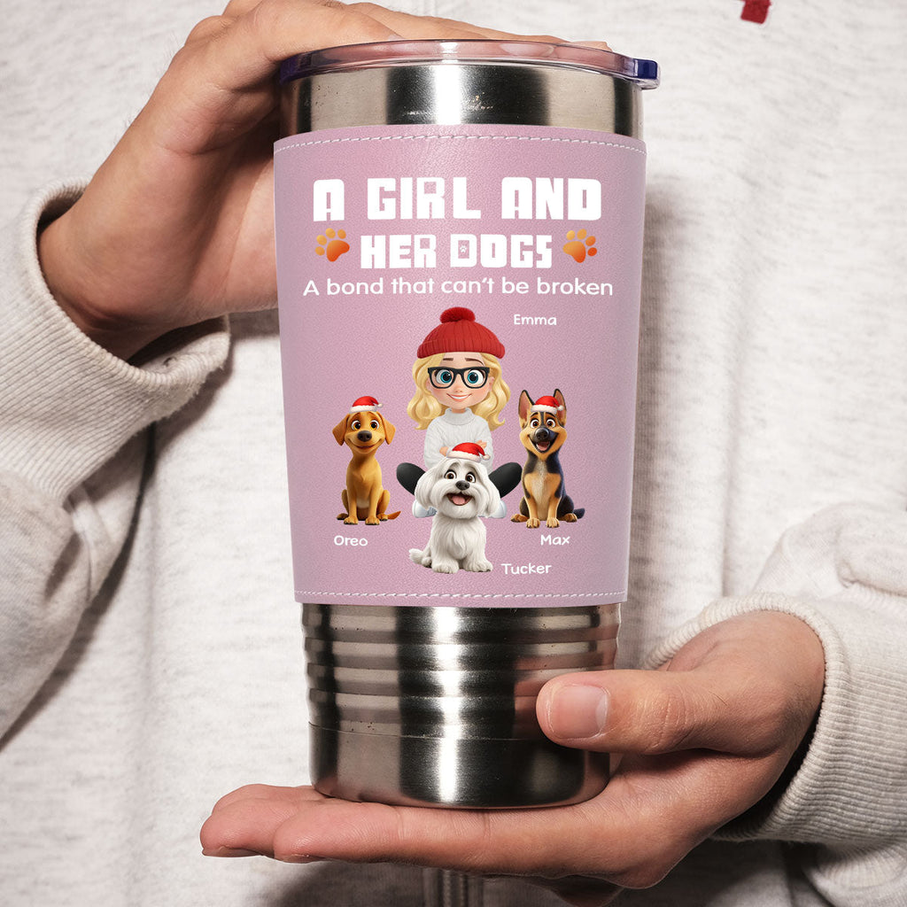 Custom Christmas Birthday Gifts For Dog Mom, Dog Lovers • Human And Their Dog Cartoon Christmas Ver Woman - Personalized Pink Leather Tumbler