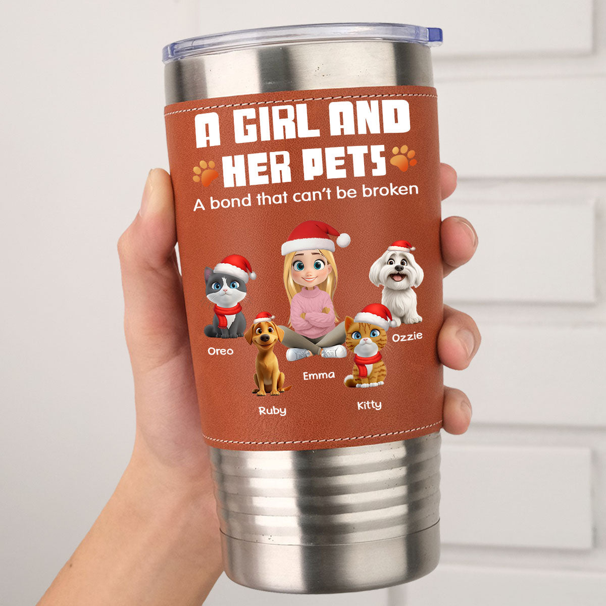 Custom Christmas Birthday Gifts For Pet Lovers • Human And Their Pet Cartoon Christmas - Personalized Leather Tumbler