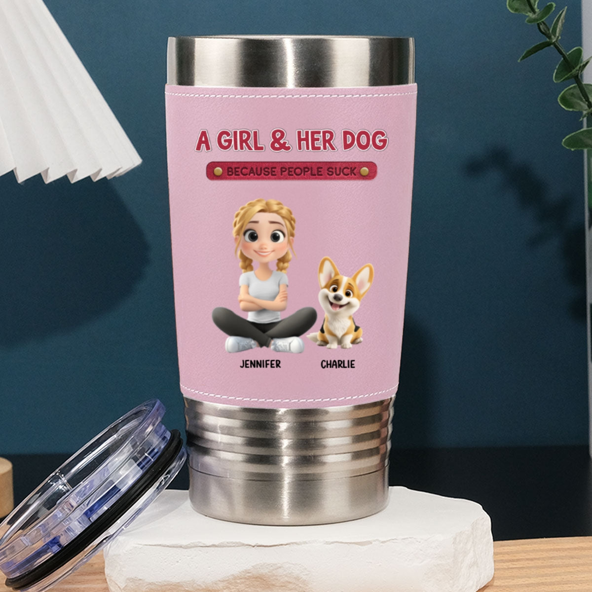 Custom Christmas Birthday Gifts For Dog Mom, Dog Lovers • A Lady And Her Dog - Personalized Pink Leather Tumbler