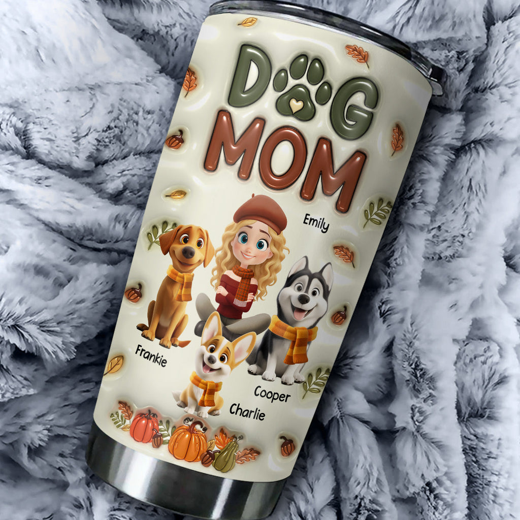 Custom Christmas Birthday Gifts For Dog Lovers • Dog Mom Cartoon Autumn Version - Personalized 3D Inflated Effect Tumbler