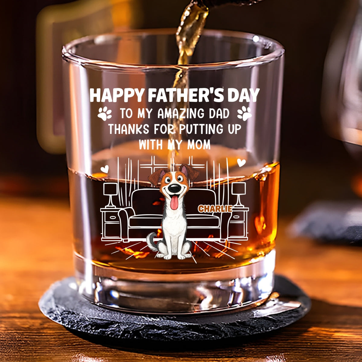 Custom Father's Day Birthday Drinkware Gifts For Dog Dad • Putting Up My Shit Daddy - Personalized Whiskey Glass