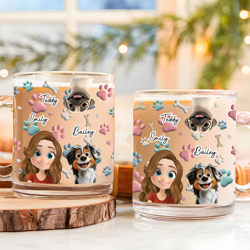 Custom Mother's day Birthday Gifts For Dog Mom, Dog Lovers • Dog And Human Cartoon - Personalized 3D Inflated Effect Glass Mug