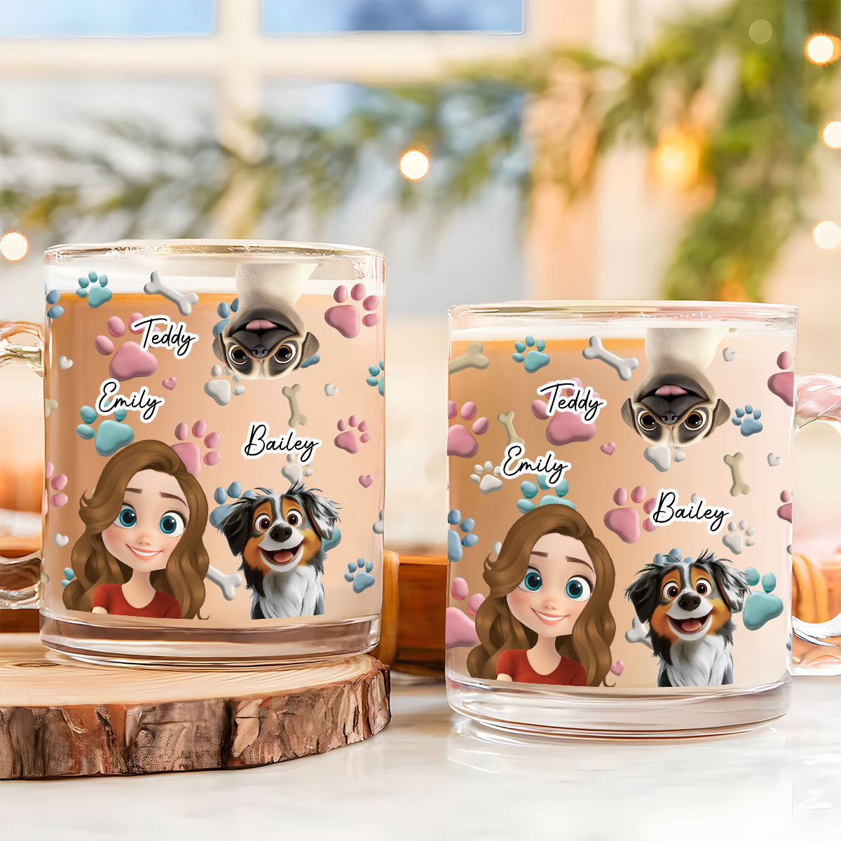 Custom Mother's day Birthday Gifts For Dog Mom, Dog Lovers • Dog And Human Cartoon - Personalized 3D Inflated Effect Glass Mug