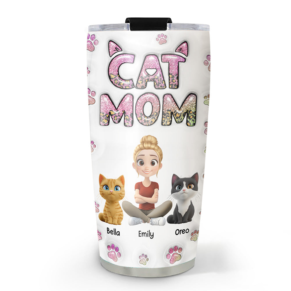 Custom Christmas Birthday Gifts For Cat Mom, Cat Lovers • Cat Mom Lovely Chibi - Personalized 3D Inflated Effect Tumbler