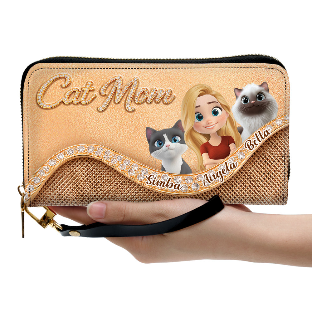Gold Chibi Cat Mom - Personalized Leather Wallet