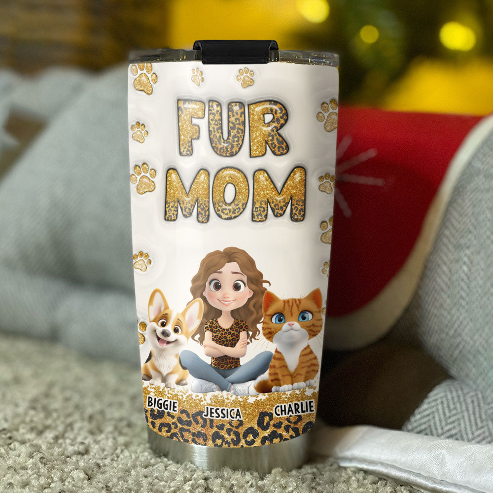 Custom Christmas Birthday Gifts For Cat Mom, Cat Lovers • Fur Mom Leopard - Personalized 3D Inflated Effect Tumbler