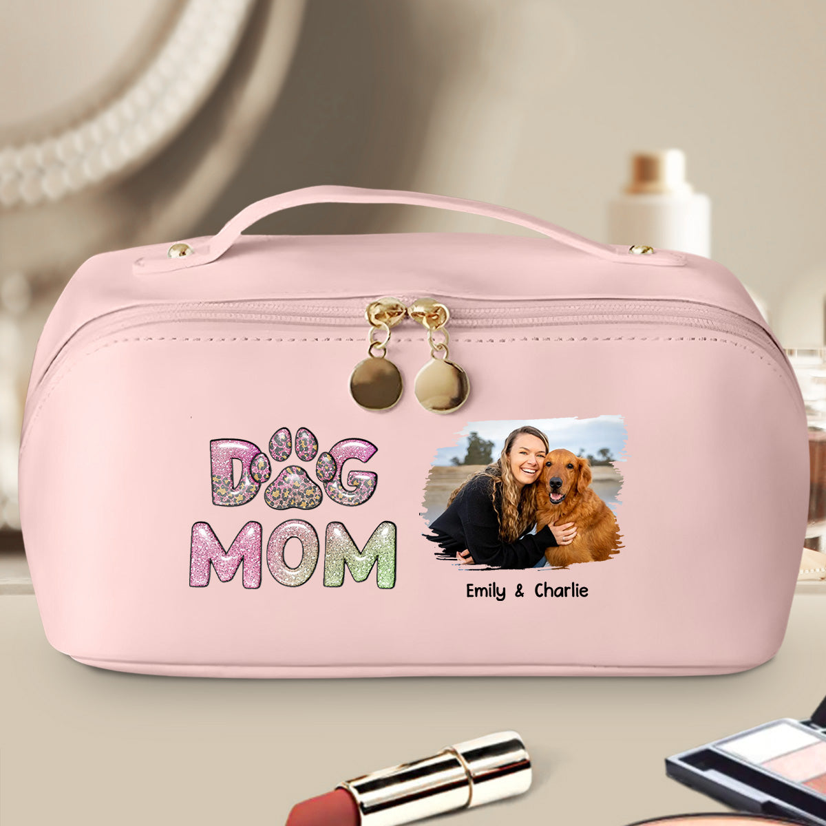 Dog Mom Lovely Chibi Photo - Personalized Leather Makeup Bag