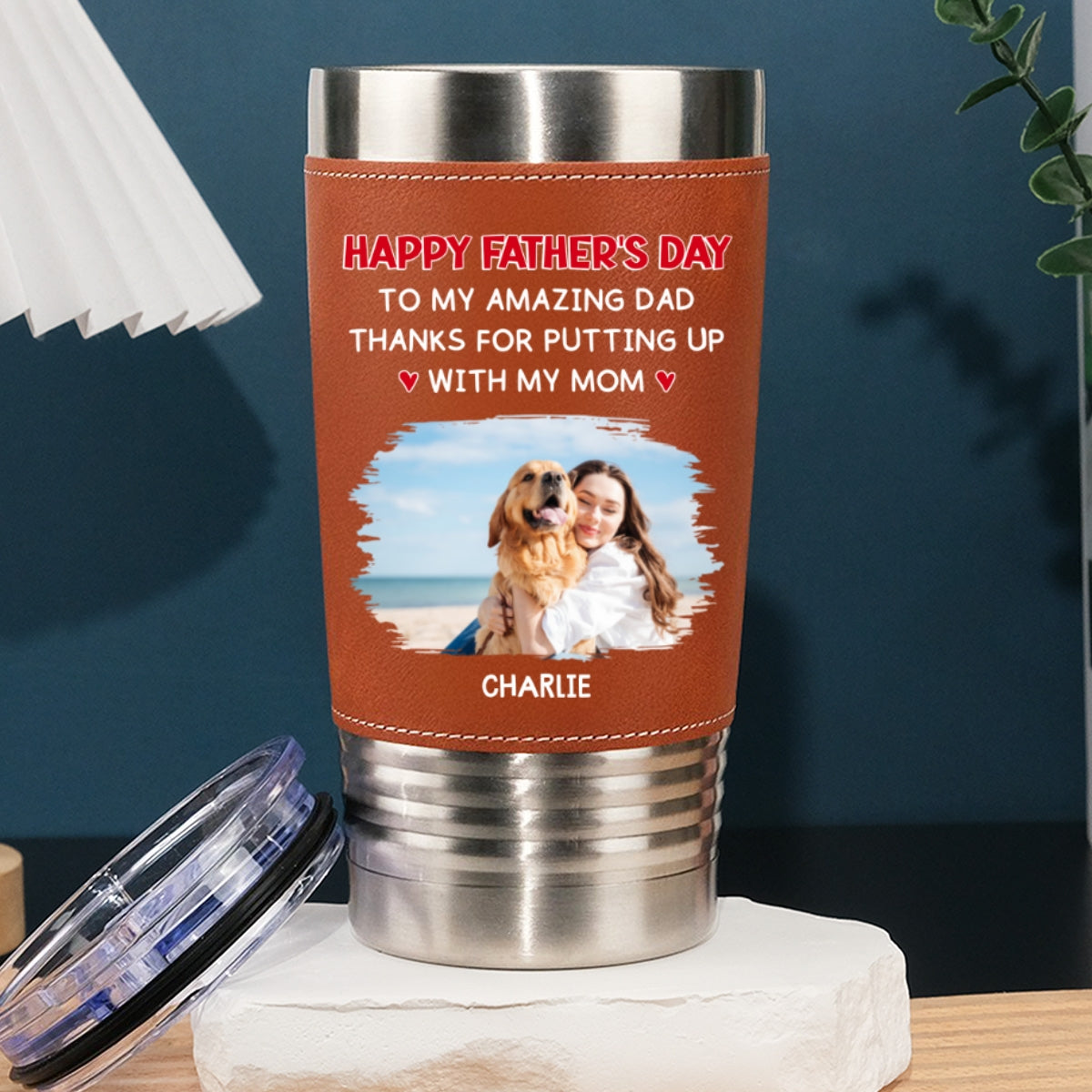 Custom Photo Father's day Birthday Gifts For Dog Dad, Dog Lovers • Putting Up With Photo - Personalized Leather Tumbler
