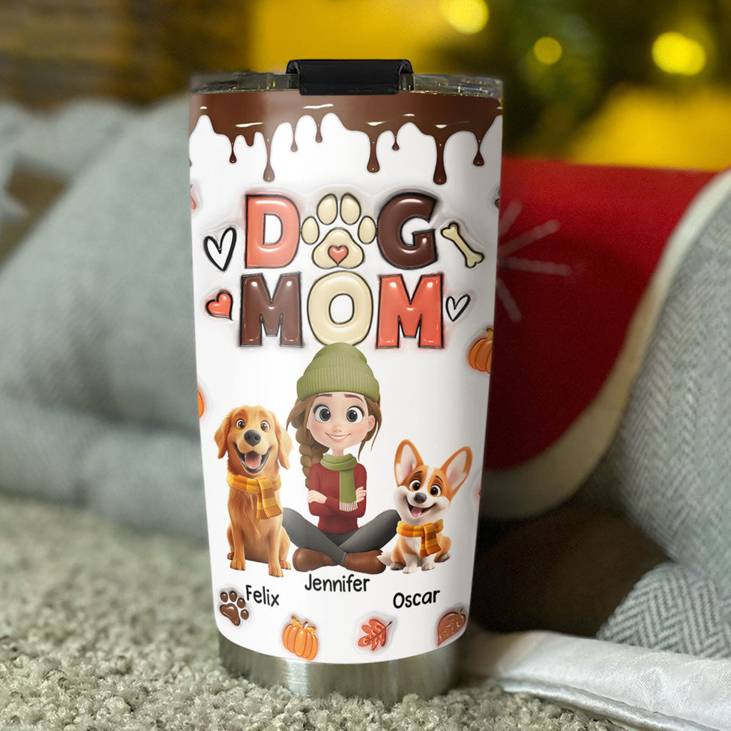 Custom Christmas Birthday Gifts For Dog Mom, Dog Lovers • Dog Mom Autumn Cartoon Version - Personalized 3D Inflated Effect Tumbler