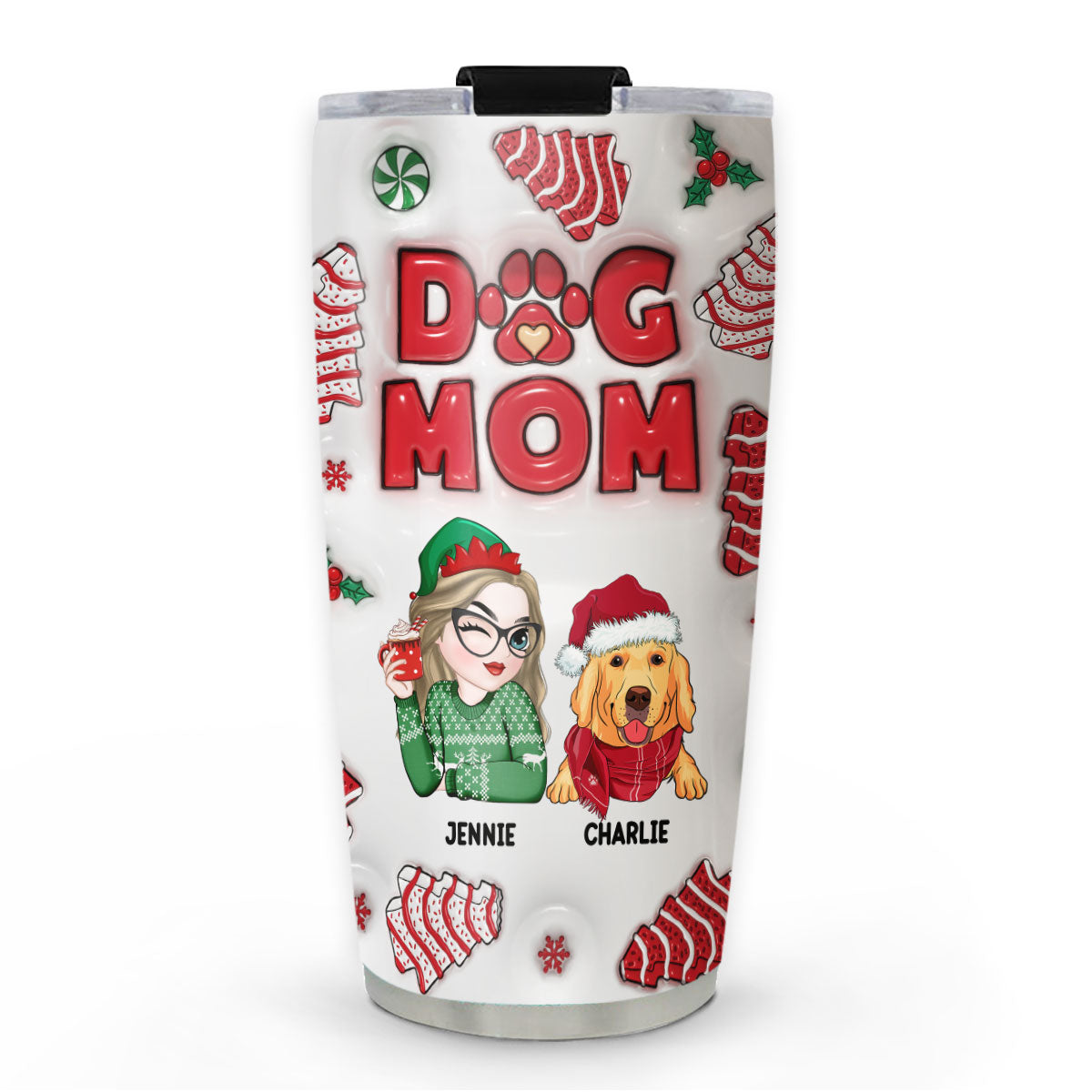 Custom Mother's day Birthday Gifts For Pet Mom, Pet Lovers • Dog Mom Christmas Cake - Personalized 3D Inflated Effect Tumbler