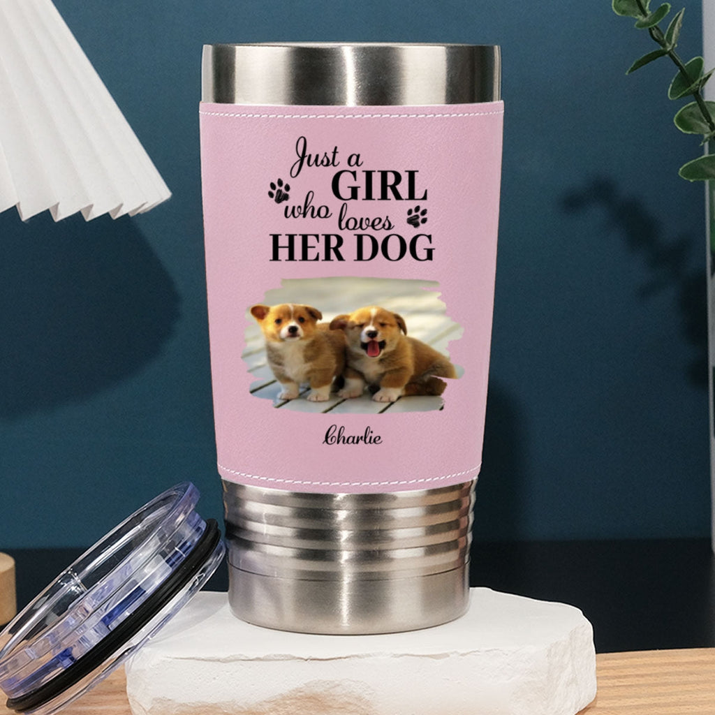 Custom Photo Christmas Birthday Gifts For Dog Mom, Dog Lovers • Pumskin Dog Autumn Photo - Personalized Pink Leather Tumbler