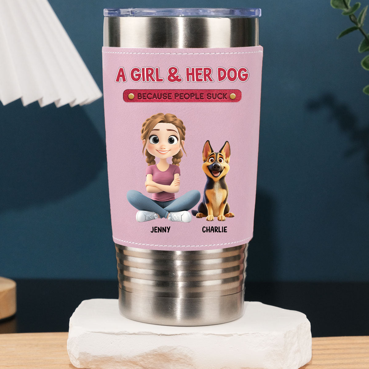 Custom Christmas Birthday Gifts For Dog Mom, Dog Lovers • A Lady And Her Dog - Personalized Pink Leather Tumbler