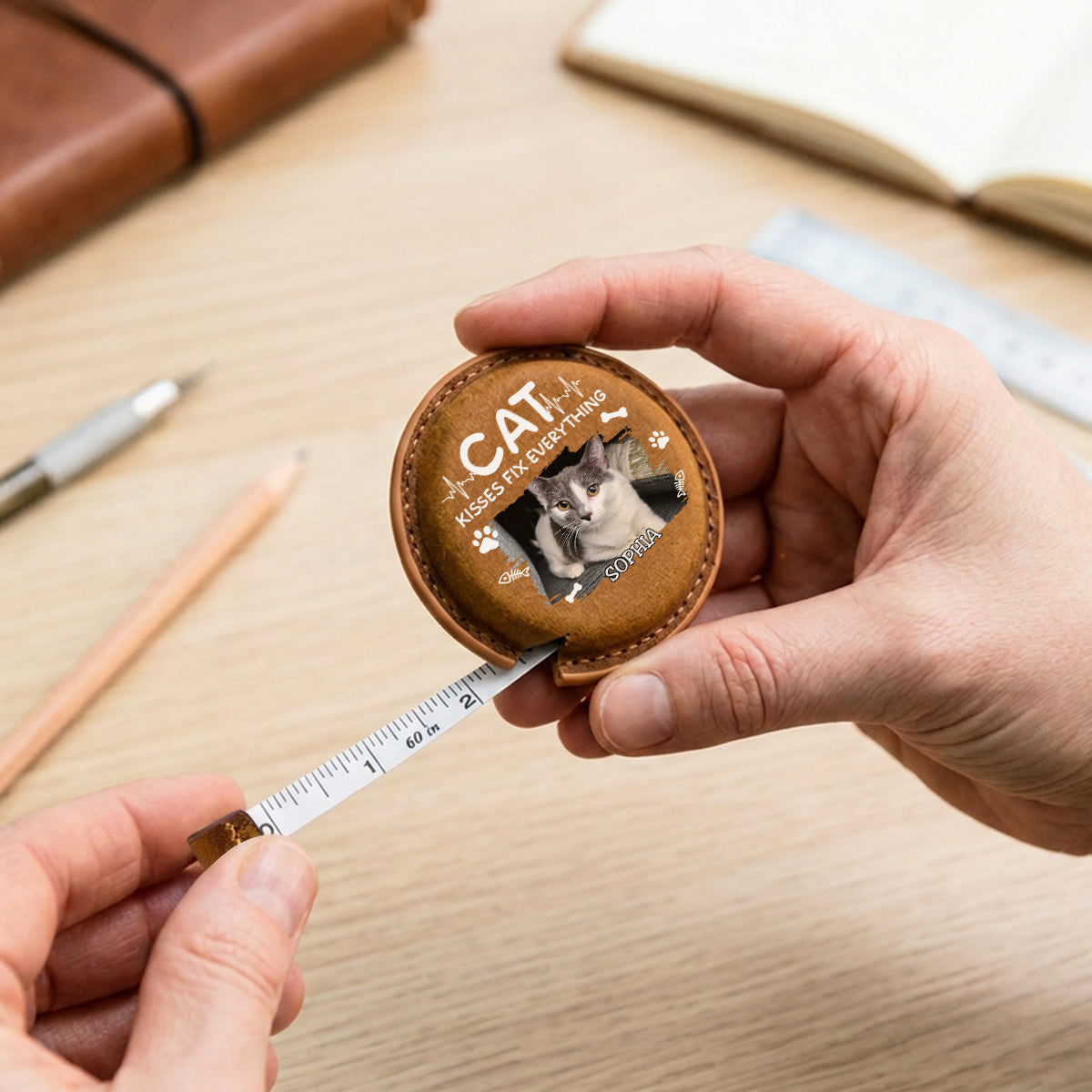 Cat Kisses Photo - Personalized Leather Tape Measure