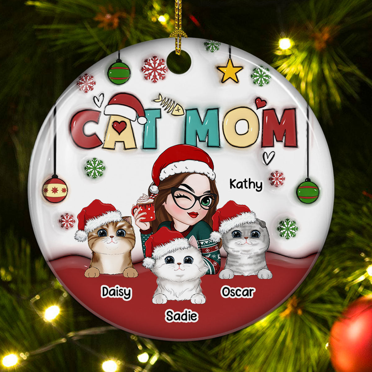 Custom Christmas Decor Home Birthday Gifts For Cat Mom, Cat Lovers • Mom Of Cats- Personalized 3D Inflated Effect Ceramic Ornament