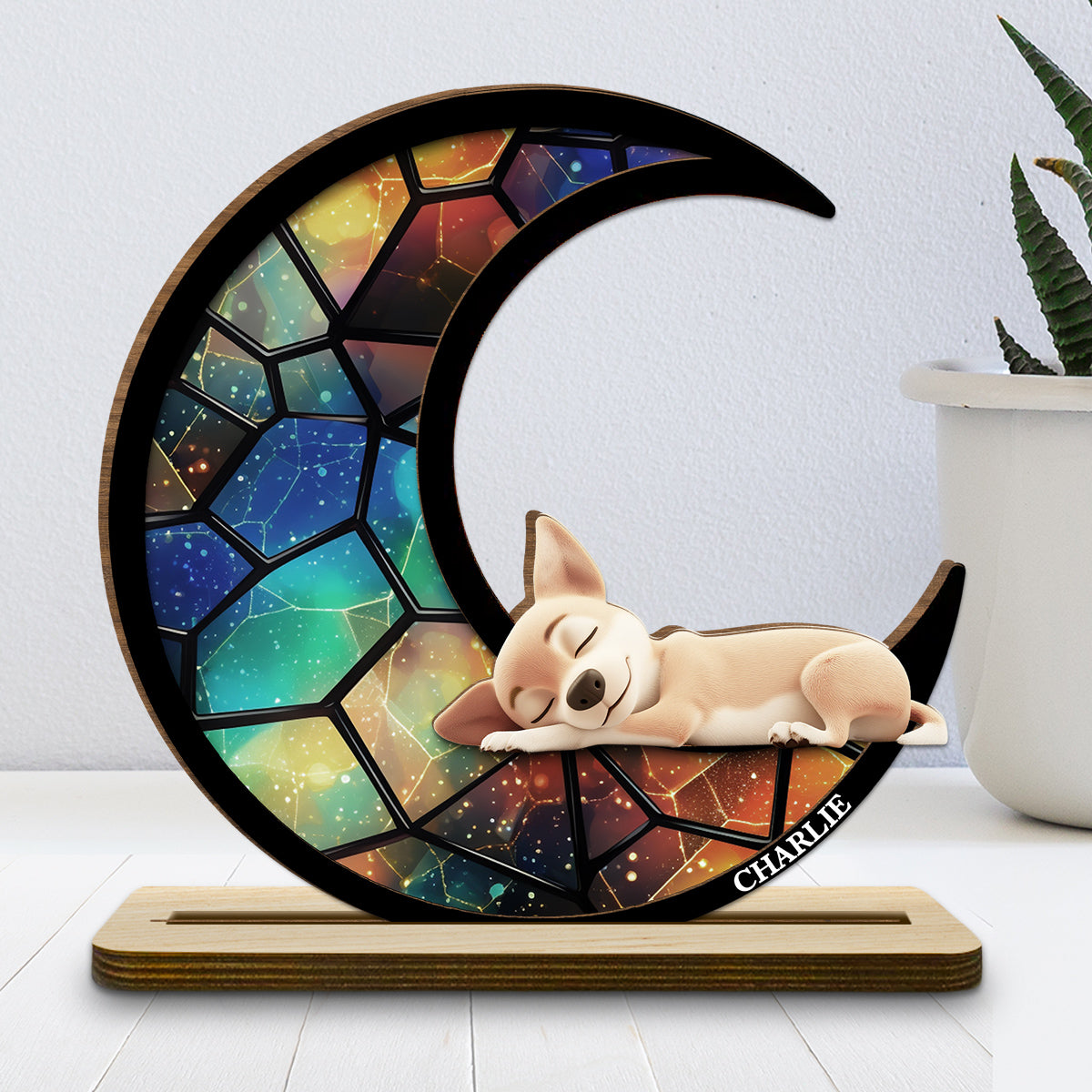 Dog On The Moon - Personalized 2-Layer Wood Plaque With Flat Base