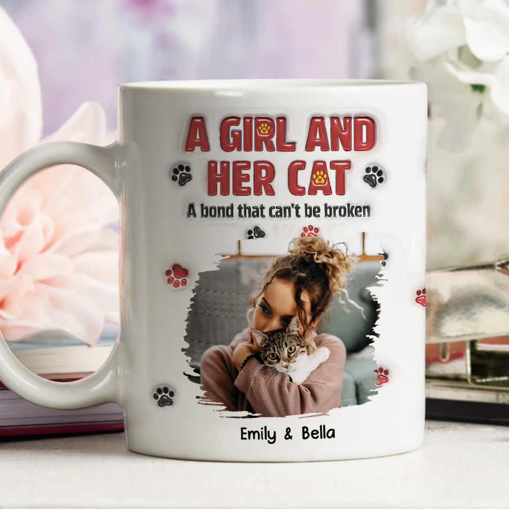 Custom Photo Christmas Birthday Gifts For Cat Mom, Cat Lovers • A Girl And Her Cat Version 2 Photo - Personalized 3D Inflated Effect Mug
