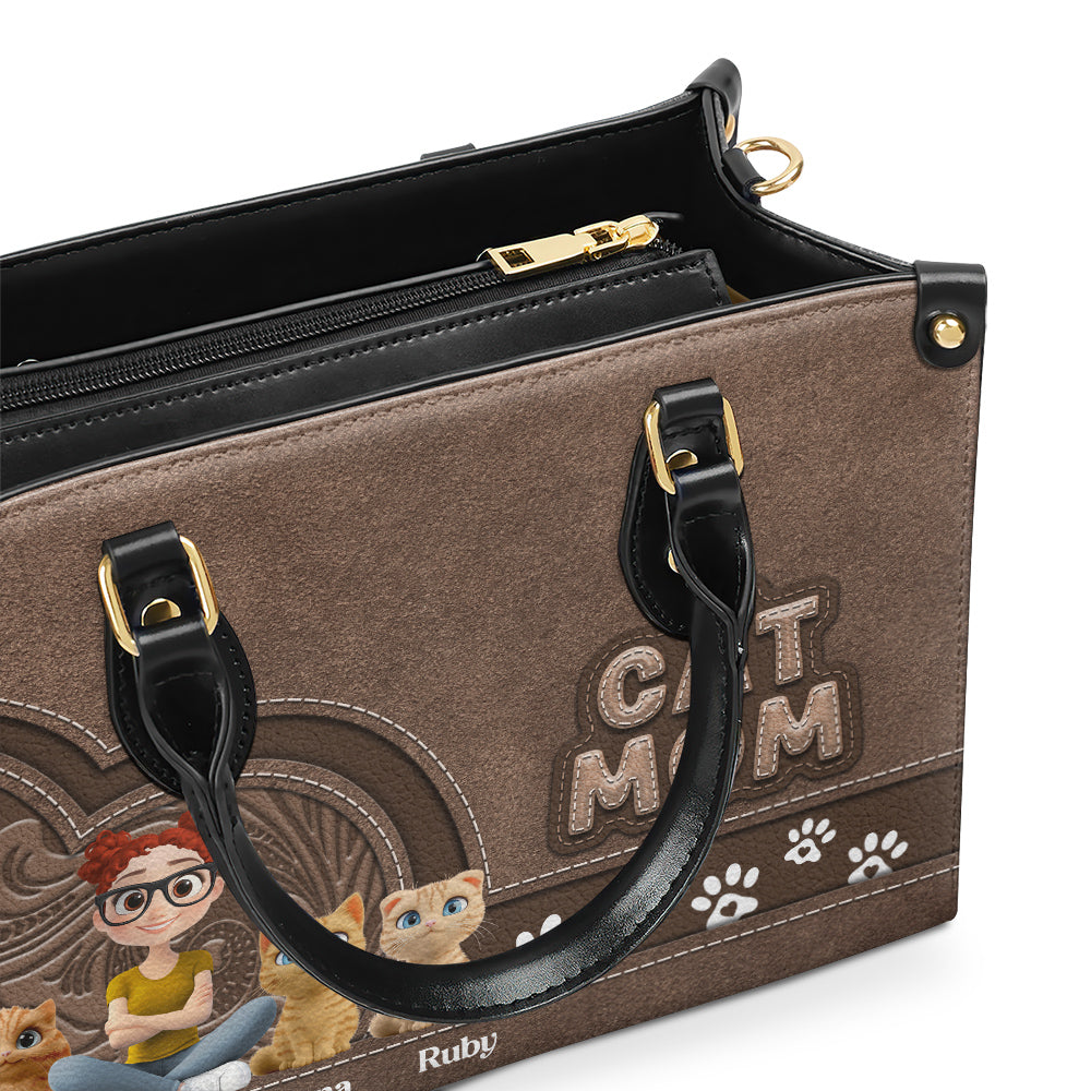 Chibi Cartoon Cat Mom - Personalized Leather Bag