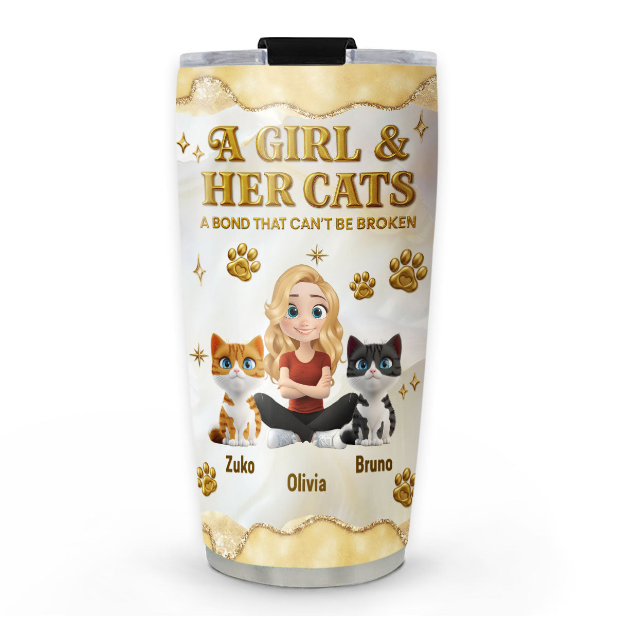 Custom Christmas Birthday Gifts For Cat Mom, Cat Lovers • Girl And Cat Yellow - Personalized 3D Effect Tumbler