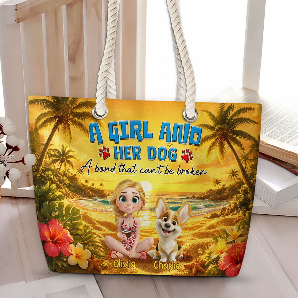 Girl And Dog On Beach - Personalized Beach Bag