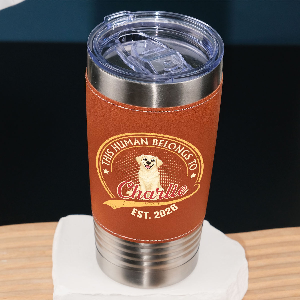 Custom Father's day Birthday Gifts For Dog Dad, Dog Lovers • Human Belongs To Storybook Dog - Personalized Leather Tumbler