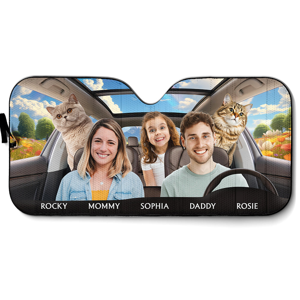 Custom Christmas Birthday Gifts Car Accessories for Cat Parents • Life Is Better With My Cat Family Photo - Personalized Car Sunshade