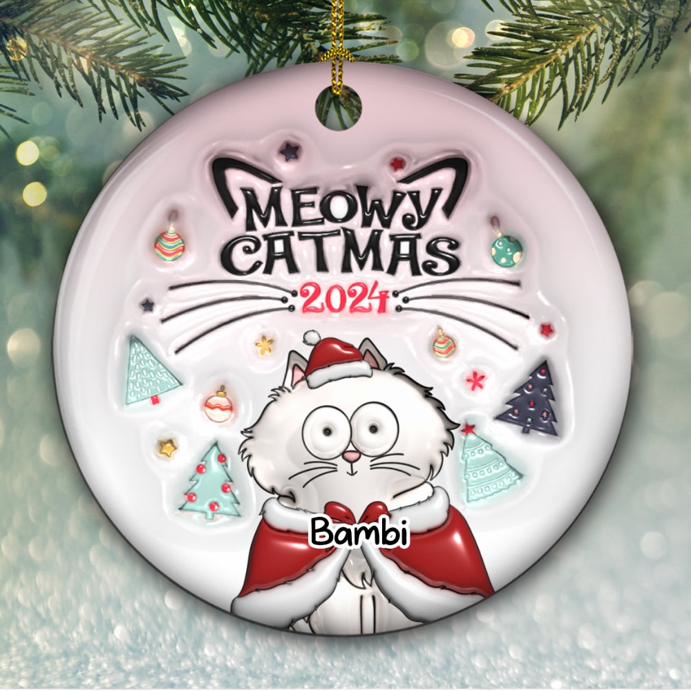 Custom Christmas Decor Home Birthday Gifts For Cat Lovers • Meowy Catmas - Personalized 3D Inflated Effect Ceramic Ornament