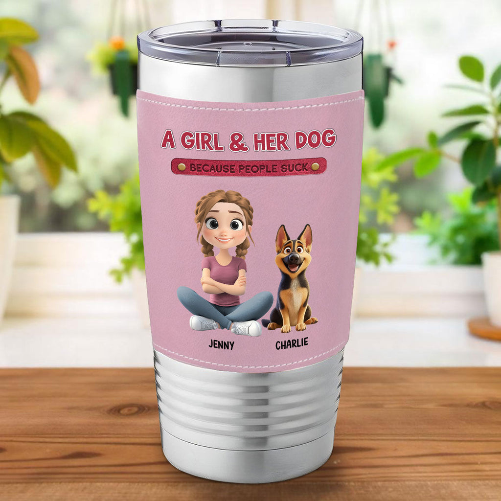 Custom Christmas Birthday Gifts For Dog Mom, Dog Lovers • A Lady And Her Dog - Personalized Pink Leather Tumbler