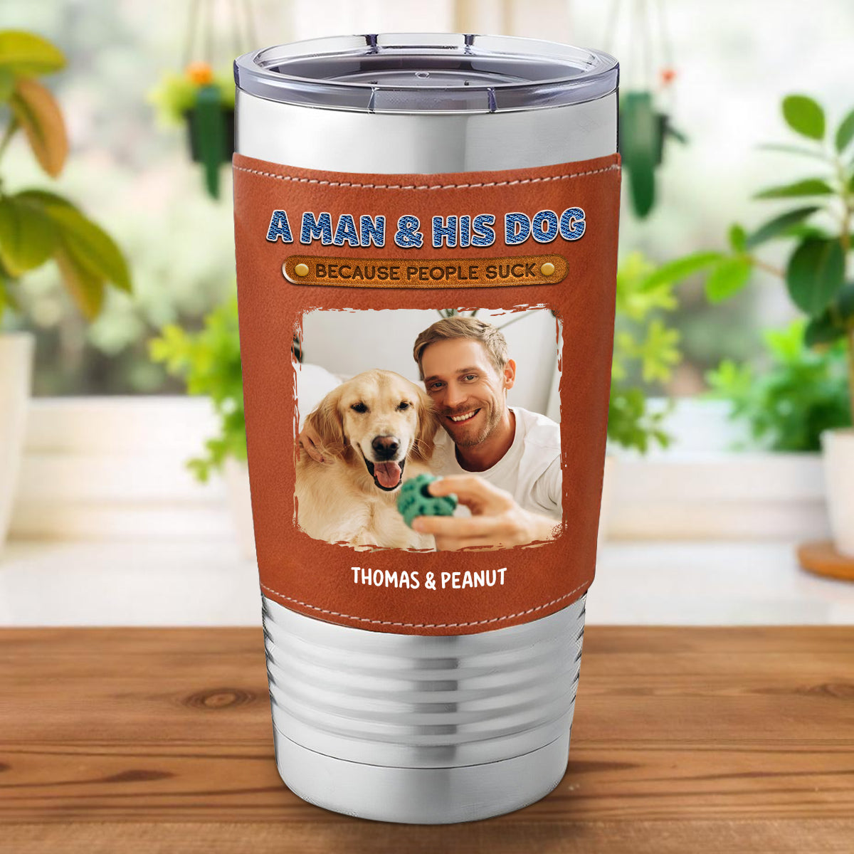 Custom Photo Christmas Birthday Gifts For Dog Dad, Dog Lovers • A Gentleman And His Dog Photo - Personalized Leather Tumbler