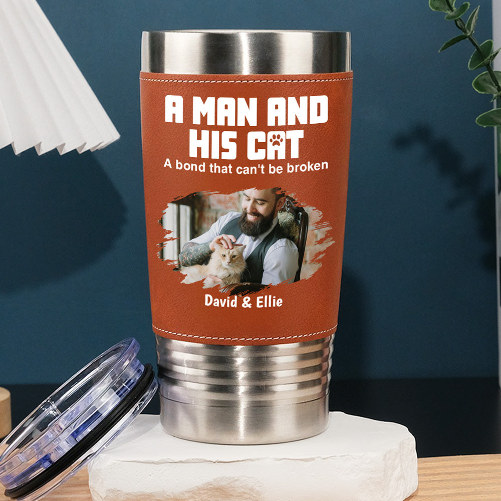 Custom Photo Father's day Birthday Gifts For Cat Dad, Cat Lovers • A Man And His Cats Photo - Personalized Leather Tumbler