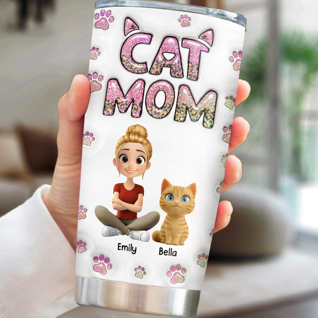 Custom Christmas Birthday Gifts For Cat Mom, Cat Lovers • Cat Mom Lovely Chibi - Personalized 3D Inflated Effect Tumbler