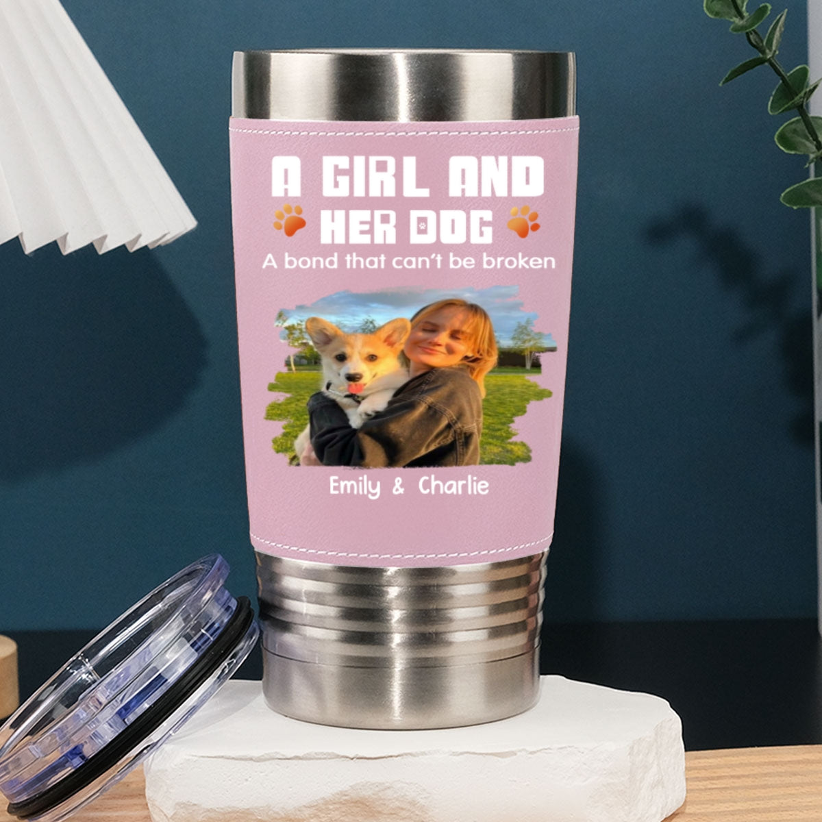 Custom Photo Christmas Birthday Gifts For Dog Mom, Dog Lovers • Human And Their Dog Cartoon Christmas Ver Woman Photo - Personalized Pink Leather Tumbler